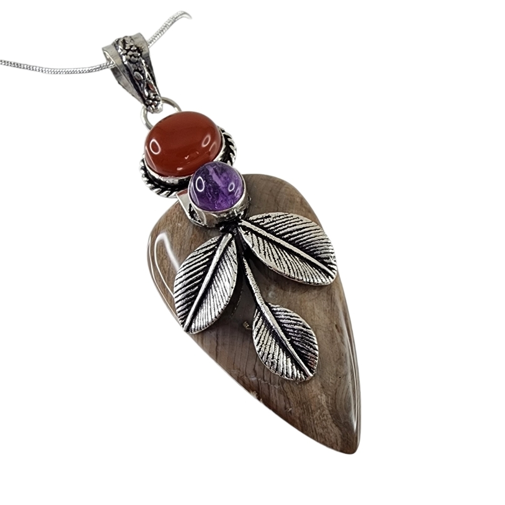 Brown jasper pendant necklace with real carnelian and accented with bodhi leaves